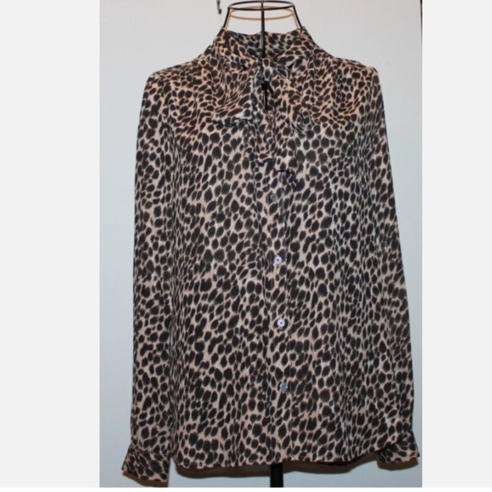 Animal Print Blouse J Crew Top Attached Scarf Tie XXS Oversize Button Up Blouse